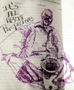 It's all about perspective. I exaggerated the size of the hands and coffee cup and shrunk the head to warp the feeling of space.
I glued this page in from a date book I drew it in.